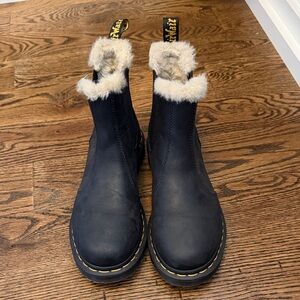 Dr. Martens Black Leather Chelsea Boots with Cream Shearling Cuff